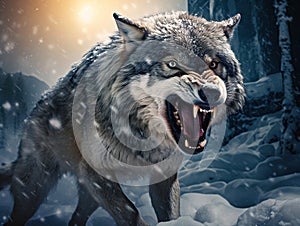 Ai Generated illustration Wildlife Concept of Snarling wolf