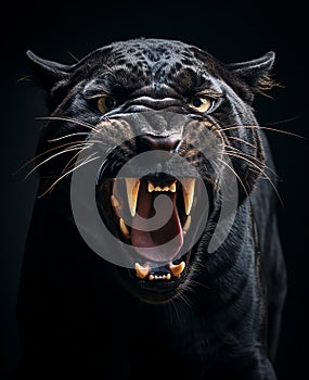A snarling young black panther bared his fangs and looks into the camera without blinking. A strong and dangerous predator