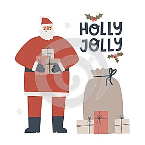 Snata claus with bag full of gifts and holly jolly lettering. Hand drawn vector illustration