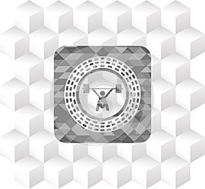 Snatch, weightlifting icon inside grey emblem with geometric cube white background