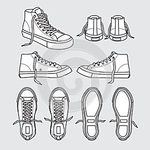 Sneaker shoe canvas sport wear foot wear training running shoe illustration cartoon Black and white photo