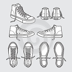 Sneaker shoe canvas sport wear foot wear training running shoe illustration cartoon Black and white