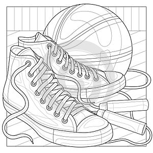 Sneakers with a basketball and a Jump rope.Coloring book antistress for children and adults photo