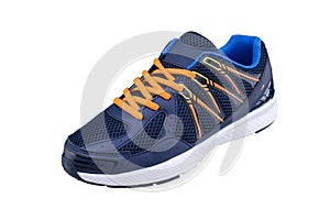 Sneakers blue with orange laces.