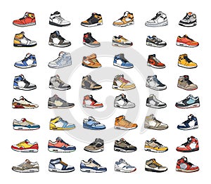 Sneakers cartoon vector set. Jordans air max basketball running high lacing fashionable modern trendy urban stylish photo