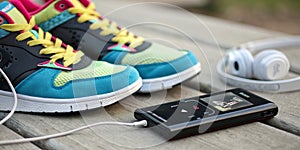 Sneakers closeup. Sneakers and music player closeup. Sport concept photo