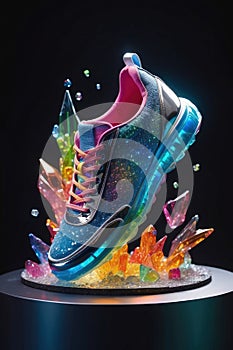 Sneakers with colorful crystals on black background, closeup of photo
