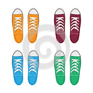 Sneakers drawing set. yellow, red green and blue traditional sport shoes. Sketch doodle style vector illustration.