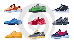 Sneakers. Flat colorful sport shoes with different shapes, trendy stylish color footwear. Vector shoes for training and