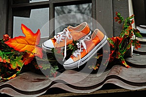 Sneakers and leaves as autumn decoration for street festival `Moscow autumn`