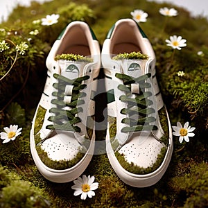 sneakers made from green leaves and moss, small white flowers growing from moss, white background, box,
