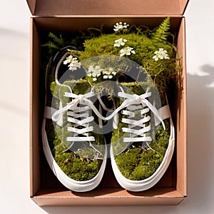 sneakers made from green leaves and moss, small white flowers growing from moss, white background, box,