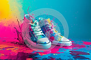 sneakers on a multicolored background. The concept of a healthy lifestyle and sports. Modern sneakers multicolor vivid purple neon