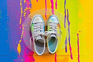sneakers on a multicolored background. The concept of a healthy lifestyle and sports. Modern sneakers multicolor vivid purple neon