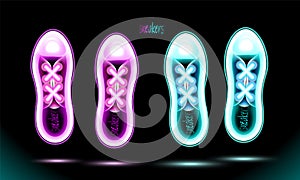 Sneakers neon blue and pink shoes Icon, glowing lamp, isolated sign design on black background. Fluorescent vector, luminescent