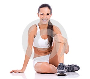 Sneakers, portrait and woman in sportswear for fitness, health and wellness with shoes in studio. Relax, exercise and