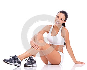 Sneakers, portrait and woman in underwear for fitness, health and wellness with shoes in studio. Relax, exercise and