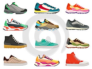 Sneakers shoes. Fitness footwear for sport, running and training. Colorful modern shoe designs. Sneaker side view