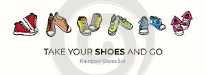 Sneakers shoes pairs isolated. Hand drawn vector illustration set of colored shoes. Sport boots hand drawn for logo, poster