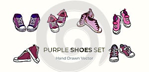 Sneakers shoes pairs isolated. Hand drawn vector illustration set of pink shoes. Sport boots hand drawn for logo, poster, postcard