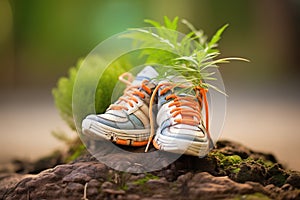 sneakers with small plants growing out, symbolic for ecotravel