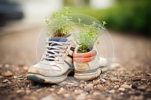 sneakers with small plants growing out, symbolic for ecotravel photo