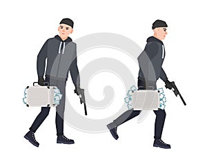 Sneaking thief, burglar or robber holding gun and carrying case full of stolen money. Robbery or theft. Male cartoon