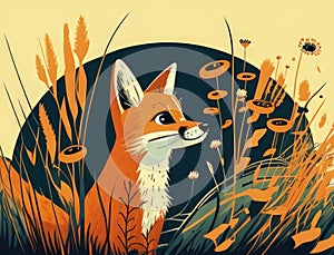 A sneaky fox bounds through a meadow its bright eyes glinting with mischief. Cute creature. AI generation