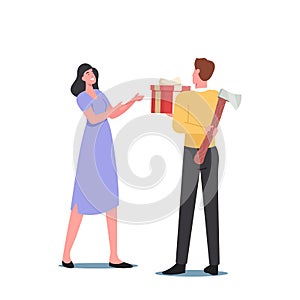 Sneaky Insincere Man Holding Axe Giving Gift Present Box to Woman. Husband Hiding His True Feelings From Trusting Wife