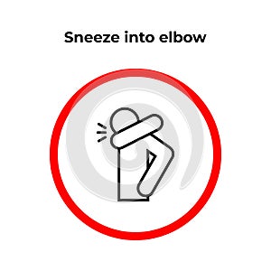 Sneeze into elbow - infographic, icon. Warning prohibition sign in a red circle