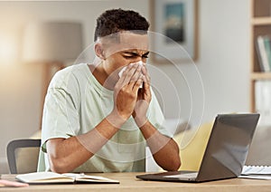 Sneeze, man and tissue in living room with flu, virus or cough while learning online at home. Health, person and fever