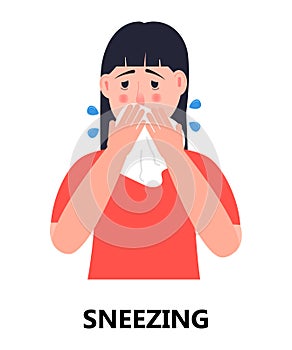 Sneezing, cough girl icon vector. Flu, cold, coronavirus symptom is shown. Woman sneeze in hands taking wipe. Infected