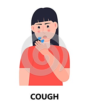 Sneezing, cough girl icon vector. Flu, cold, coronavirus symptom is shown. Woman sneeze in hands taking wipe. Infected