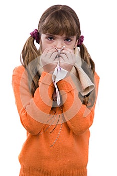 Sneezing. Girl is sick and have sore throat