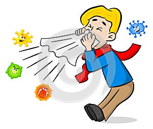 Sneezing man with germs