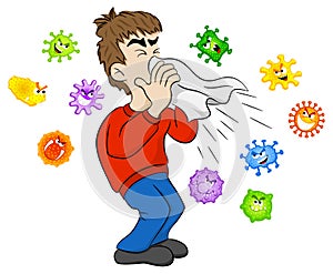 Sneezing man with germs