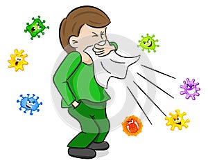 Sneezing man with germs