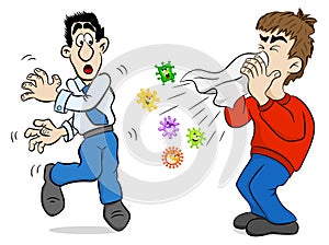 Sneezing man with germs