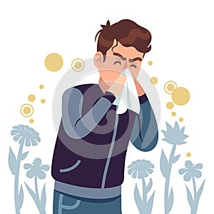 Sneezing man. Spring allergy, symptom sickness runny, itchy and sneeze, cough and lacrimation, healthcare problems flat