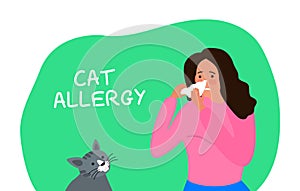 Sneezing woman cat allergy vector illustration