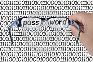 Sniffing password digital world concept hand holding glasses iso