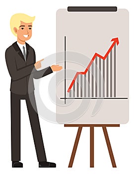 Sniling businessman showing work report with financial growth diagram