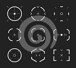 Sniper aim, bullseye, scope icons set, modern gamer collection. Shooting range, aim, target icon collection. Abstract