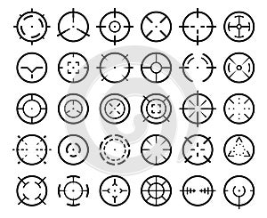 Sniper aim pointer. Weapon targeting pointers, aiming mark and aims target sight vector symbols set