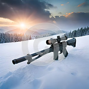 Sniper rifle on ground with snow landscape background. Generative AI.