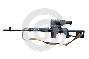 Sniper rifle with night vision sight isolated on white background