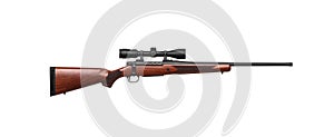 A sniper rifle with a telescopic sight. A carbine with a wooden stock. Weapons for hunting and sports isolate on a white back
