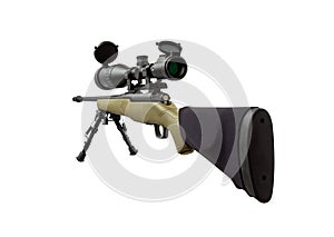 A sniper rifle with a telescopic sight. A carbine with a wooden stock. Weapons for hunting and sports isolate on a white back