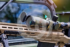 Sniper rifle with a telescopic sight for long range shooting in war