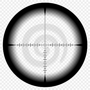 Sniper scope template, with measurement marks on isolated background. View through the sight of a hunting rifle.
